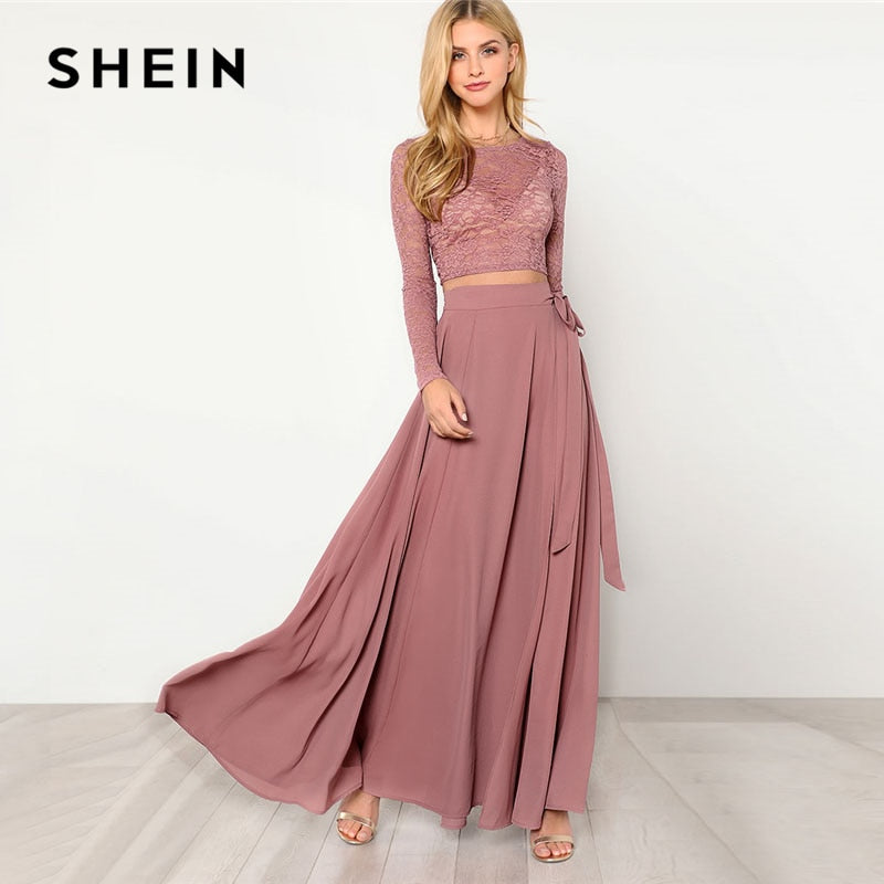 SHEIN Pink Crop Lace Top and Skirt Set Women Round Neck Long Sleeve Traveez SHEIN Pink Crop Lace Top and Skirt Set Women Round Neck Long Sleeve Traveez