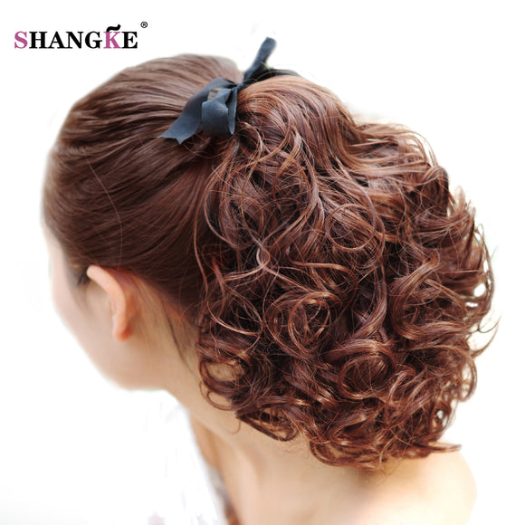 SHANGKE Short Clip In Drawstring Curly Ponytail Hair Pieces Heat Resistant Synthetic Fake Hair Tail Horse Tress Short Hair Tails