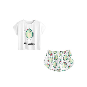 SHEIN Casual Womens Two Piece Sets 2017 Summer Cartoon Avocado Print Short Sleeve Tee and Elastic Waist Shorts Set