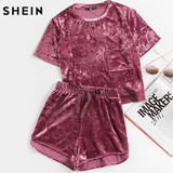 SHEIN Women Two Piece Outfits Purple Short Sleeve Pocket Front Crushed Velvet Top and Bow Shorts Set Women Sets Clothes