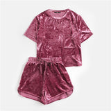 SHEIN Women Two Piece Outfits Purple Short Sleeve Pocket Front Crushed Velvet Top and Bow Shorts Set Women Sets Clothes