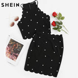 SHEIN Sexy Womens Two Piece Sets 2017 Summer Ladies Black Sleeveless Pearl Beading Scalloped Halter Top and Skirt Set