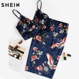 SHEIN Sexy Women Two Piece Set Elegant Navy Floral V Neck Sleeveless Velvet Bralette Top and Pencil Skirt Co-Ord