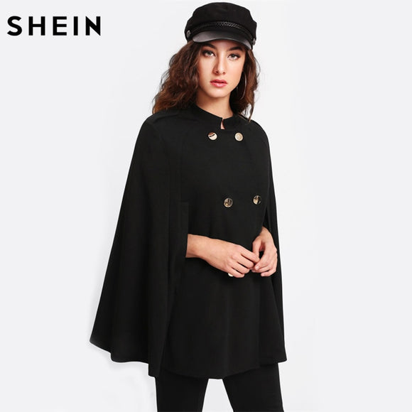 SHEIN Coat Women Double Breasted Cape Coat Black Long Vintage Womens Coat Stand Collar Cloak Sleeve Fashion Coats