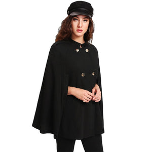 SHEIN Coat Women Double Breasted Cape Coat Black Long Vintage Womens Coat Stand Collar Cloak Sleeve Fashion Coats