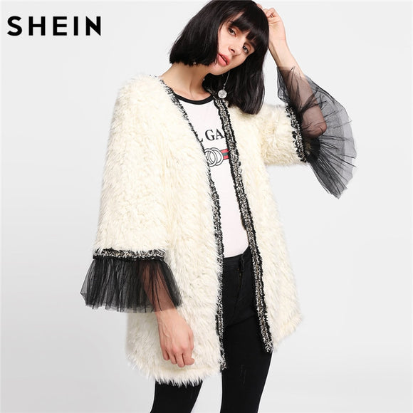 SHEIN Winter Coat Beige Women Faux Fur Coat Color Block Long Sleeve Party Womens Coats Contrast Mesh Cuff Faux Fur Coat