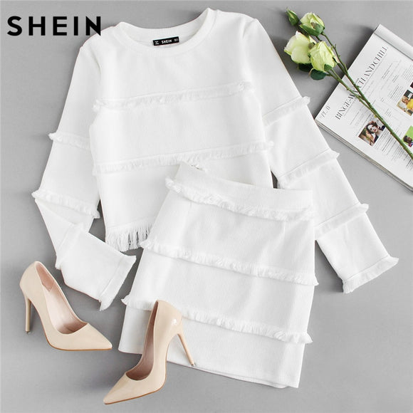 SHEIN 2 Piece Set Women White 2018 Spring Sets Elegant Fringe Detail Textured Long Sleeve Crop Top and Skirt Set