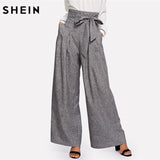 SHEIN Wide Leg Pants Women Zipper Fly Loose Trousers Women 2018 Grey High Waist Self Belted Box Pleated Palazzo Pants