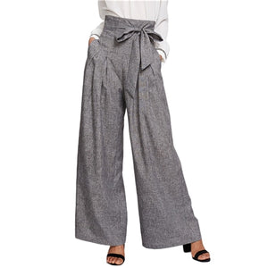 SHEIN Wide Leg Pants Women Zipper Fly Loose Trousers Women 2018 Grey High Waist Self Belted Box Pleated Palazzo Pants