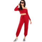 SHEIN Off the Shoulder Long Sleeve Lettuce Trim Crop Bardot Top and Pants Set