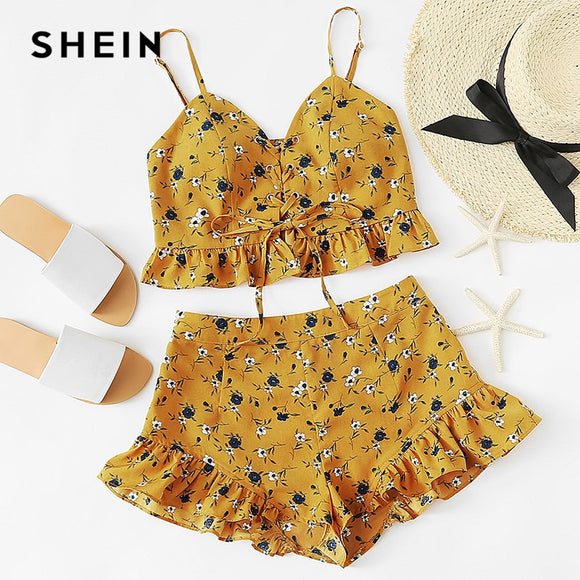 SHEIN Ruffle Trim Lace Up Front Crop Cami And Shorts Set 2018 Summer Women Two Piece Set Ruched Spaghetti Strap Top and Pants