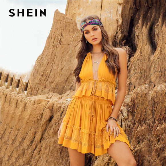 SHEIN Dot Mesh Insert Crop Top & Frill Shorts