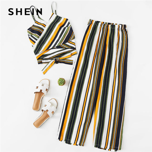 SHEIN Cut Out Striped Cami Spaghetti Strap Striped Vest With Full Length Trousers