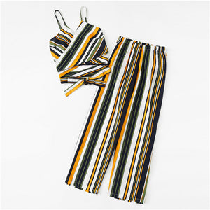 SHEIN Cut Out Striped Cami Spaghetti Strap Striped Vest With Full Length Trousers