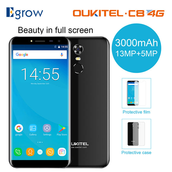 Oukitel C8 4G Mobile Phone 5.5 Inch 18:9 Screen phone Quad Core 2GB RAM 16GB ROM 13MP Android 7.0 3000mAh Touch ID Smartphone