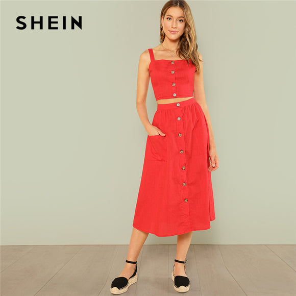 SHEIN Red Elegant Button Up Crop Straps Cami Top And Flare Skirt