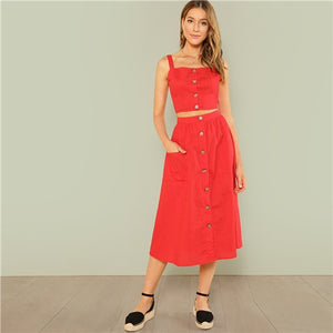 SHEIN Red Elegant Button Up Crop Straps Cami Top And Flare Skirt