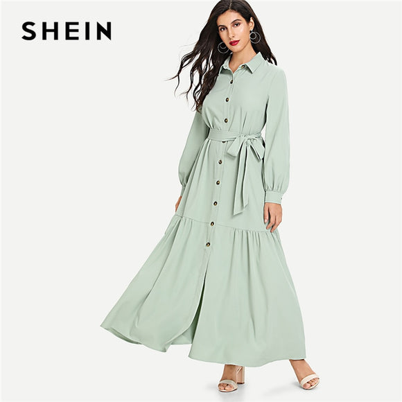 SHEIN Green Minimalist Highstreet Ruffle Hem Button Up Belted Office Lady Stand Collar Autumn Abaya Women Streetwear Abayas