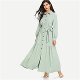 SHEIN Green Minimalist Highstreet Ruffle Hem Button Up Belted Office Lady Stand Collar Autumn Abaya Women Streetwear Abayas