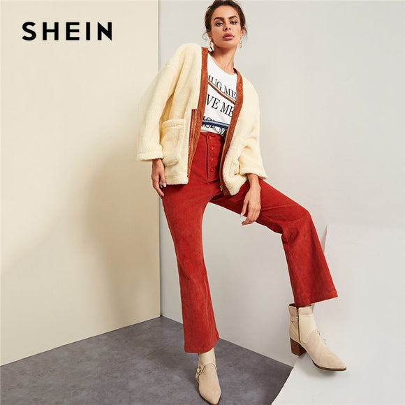 SHEIN Apricot Elegant Preppy Pocket Front Zip Half Placket Fleece Minimalist Coat Autumn Women Highstreet Campus Clothes