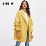 SHEIN Yellow Office Lady Elegant Drop Shoulder Pearl Detail Ruffle Cuff Highstreet Coat Autumn Women Minimalist Workwear Clothes