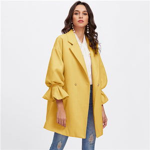 SHEIN Yellow Office Lady Elegant Drop Shoulder Pearl Detail Ruffle Cuff Highstreet Coat Autumn Women Minimalist Workwear Clothes