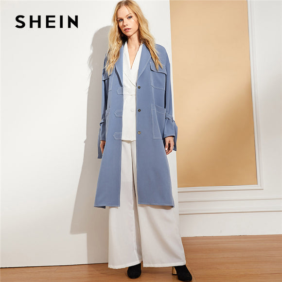 SHEIN Blue Office Lady Highstreet Notch Collar Pocket Front Slit Hem Elegant Coat 2018 Autumn Minimalist Women Outerwear Clothes