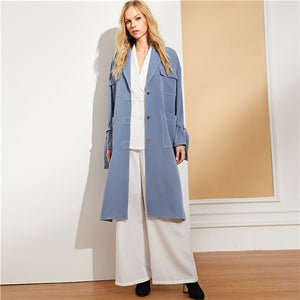 SHEIN Blue Office Lady Highstreet Notch Collar Pocket Front Slit Hem Elegant Coat 2018 Autumn Minimalist Women Outerwear Clothes