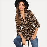 SHEIN Multicolor Highstreet Office Lady Shawl Collar Belted Leopard Print Elegant Blazer 2018 Autumn Workwear Women Outerwear