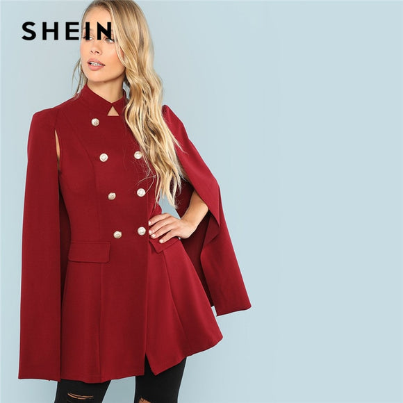 SHEIN Burgundy Outwear 2018 Women Autumn Winter Cape Coats Elegant Vintage Workwear Office Lady Double Button Stand Collar Coat