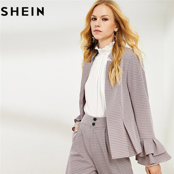 SHEIN Black And White Plaid Blazer With Tassel Hem Plaid Tweed Short Skirt