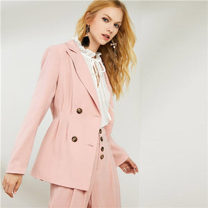 SHEIN Pink Notch Collar Blazer With Wide Leg Pants Double Breasted Long Blazer And Pants Set