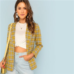 SHEIN Yellow Office Lady Elegant Notch Collar Pocket Front Plaid Longline Highstreet Blazer 2018 Autumn Women Workwear Outerwear