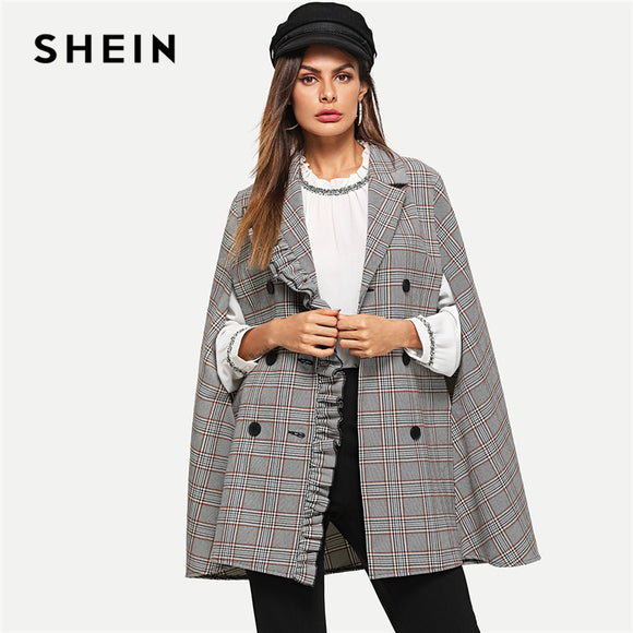 SHEIN Multicolor Workwear Elegant Frill Trim Double Button Cloak Sleeve Plaid Cape Coat 2018 Autumn Highstreet Coats Outerwear