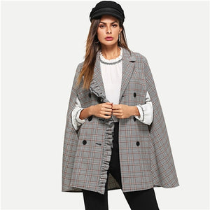 SHEIN Multicolor Workwear Elegant Frill Trim Double Button Cloak Sleeve Plaid Cape Coat 2018 Autumn Highstreet Coats Outerwear