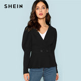 SHEIN Black Button Front Leg-Of-mutton Sleeve Solid Coat Elegant Workwear Stretchy Outerwear Women Plain Autumn Clothes