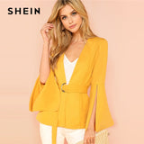 SHEIN Yellow Split Sleeve Belted Outerwear Office Ladies Long Sleeve Plain Wrap Workwear Blazer Women Autumn Elegant Coat