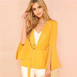 SHEIN Yellow Split Sleeve Belted Outerwear Office Ladies Long Sleeve Plain Wrap Workwear Blazer Women Autumn Elegant Coat