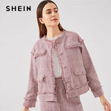 SHEIN Pink Office Lady Frayed Edge Trim Button Up Plaid Single Breasted Highstreet Jacket