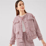 SHEIN Pink Office Lady Frayed Edge Trim Button Up Plaid Single Breasted Highstreet Jacket