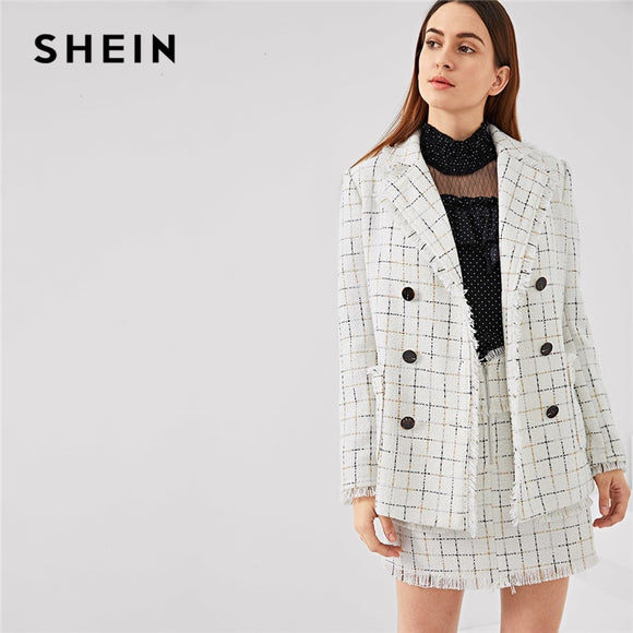 SHEIN Black And White Double Breasted Frayed Tweed Blazer With Frayed Trim Plaid Tweed Skirt Autumn Office Lady Two Pieces Set