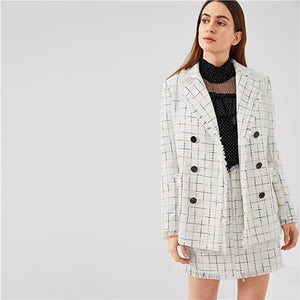 SHEIN Black And White Double Breasted Frayed Tweed Blazer With Frayed Trim Plaid Tweed Skirt Autumn Office Lady Two Pieces Set