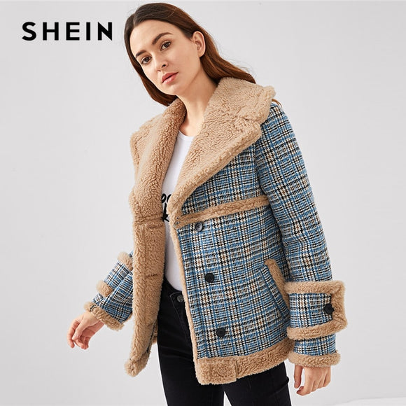 SHEIN Multicolor Waterfall Collar Contrast Faux Fur Plaid Coat Casual Single Breasted Pocket Outerwear Women Tweed Winter Coats