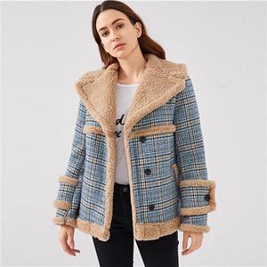 SHEIN Multicolor Waterfall Collar Contrast Faux Fur Plaid Coat Casual Single Breasted Pocket Outerwear Women Tweed Winter Coats