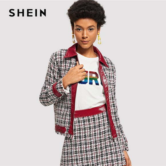 SHEIN Multicolor Tweed Color Zip Up Jacket With Edge Sheath Skirt