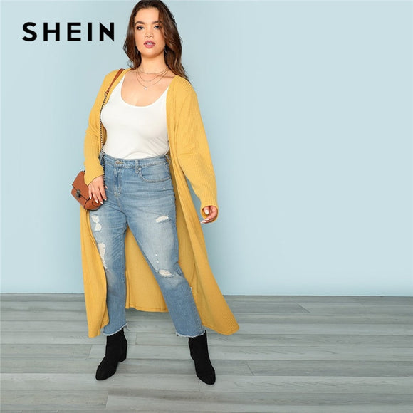 SHEIN Yellow Casual Plus Size Women Long Knitted Straight Open Stitch Trench 2018 Autumn Workwear Loose Knit Longline Cardigan