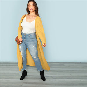 SHEIN Yellow Casual Plus Size Women Long Knitted Straight Open Stitch Trench 2018 Autumn Workwear Loose Knit Longline Cardigan