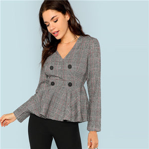 SHEIN Grey Elegant Office Lady Double Button Breasted V-Neck Plaid Slim Fit Blazer 2018 Autumn Highstreet Women Coat Outerwear