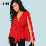 SHEIN Red Elegant Office Lady Open Placket Deep V Neck Cloak Sleeve Solid Blazer 2018 Autumn Highstreet Women Coat Outerwear