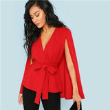 SHEIN Red Elegant Office Lady Open Placket Deep V Neck Cloak Sleeve Solid Blazer 2018 Autumn Highstreet Women Coat Outerwear